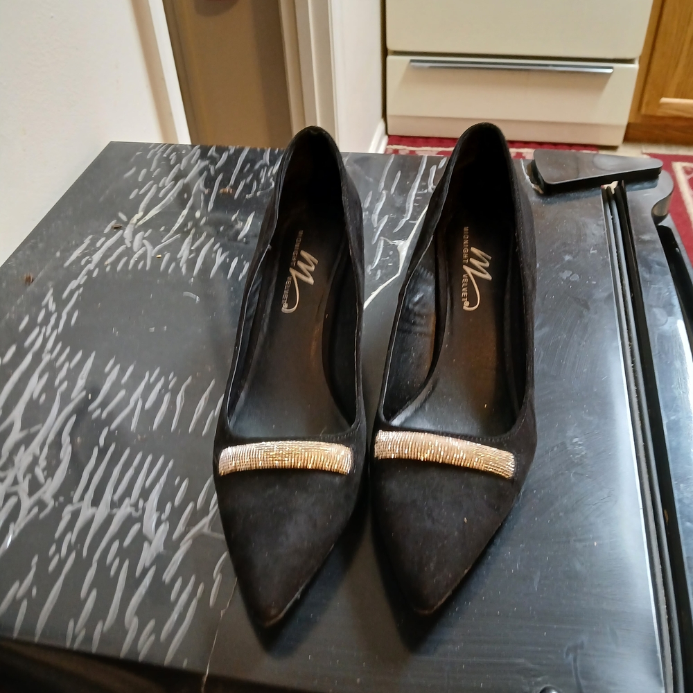 Midnight Velvet Black Heels with Silver Detail